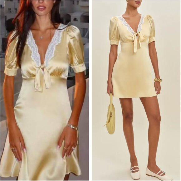 Reformation Avin Silk Mini Dress Sz2 Blonde Yellow Beige Lace Party French - Picture 1 of 14
